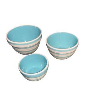 Set 3 Terramoto Ceramic Bowls Blue and White Striped Nesting Bowls